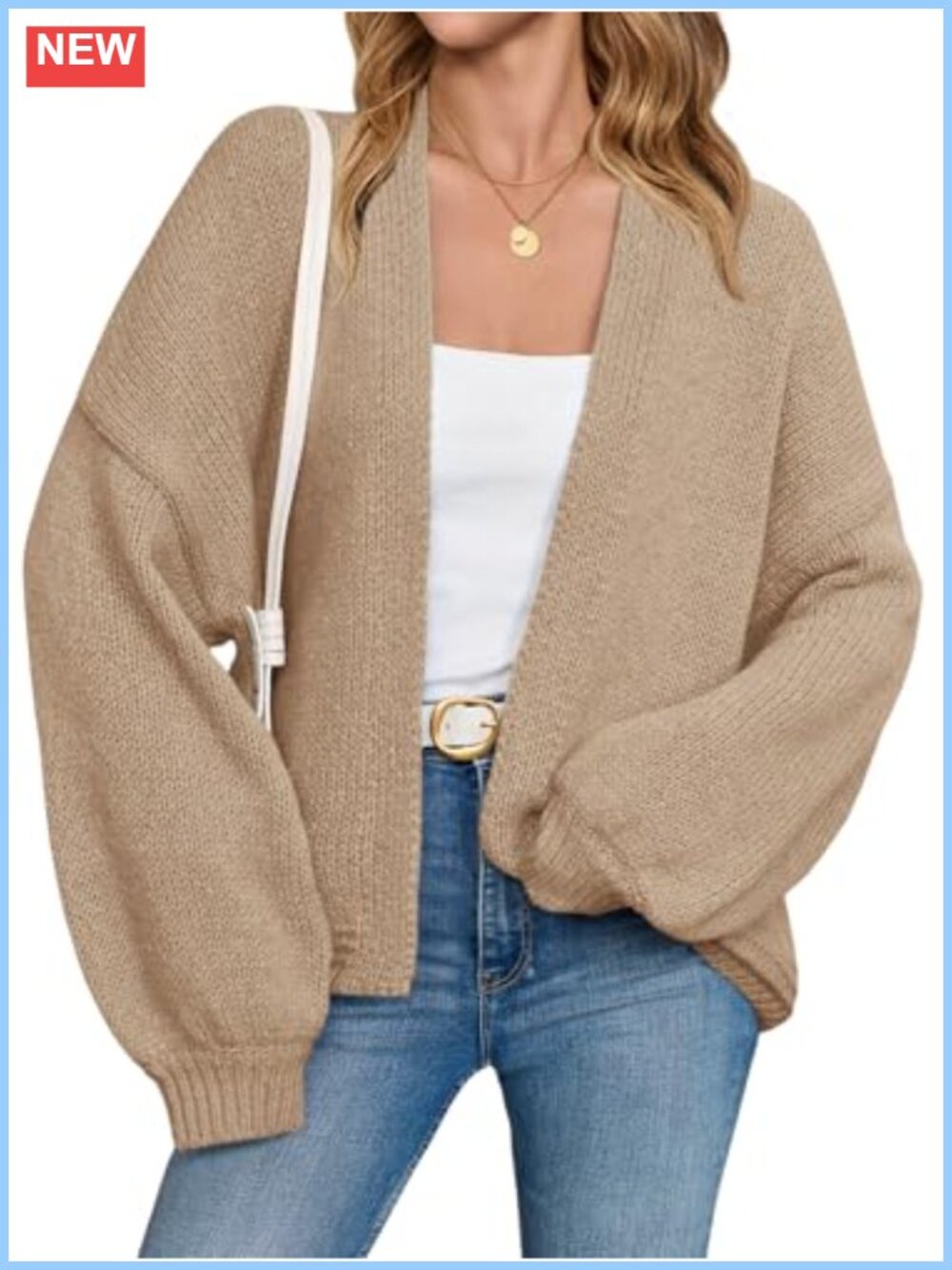 Womens Open Front Chunky Knit Cardigan Long Lantern Sleeve Oversized Sweater